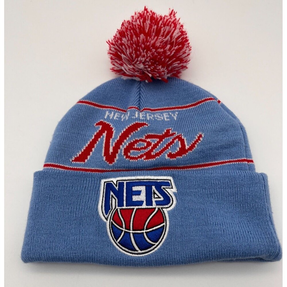 New Jersey Nets Beanie Ski Cap Mitchell & Ness Knit Blue Red Pom Retro 90s NBA